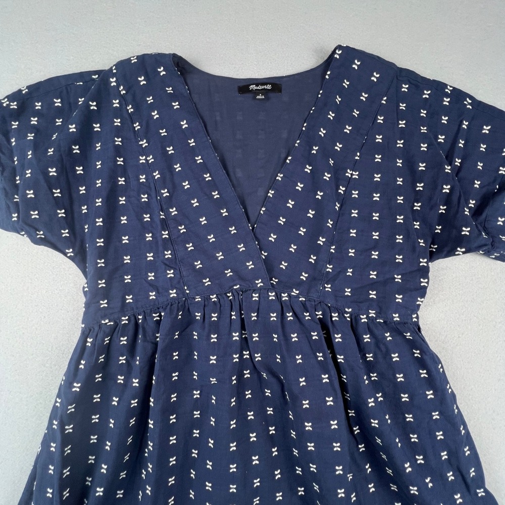 Madewell Mini Dress Womens Small Navy Blue Embroidered Bow Dobby V-Neck Boho - Picture 4 of 14